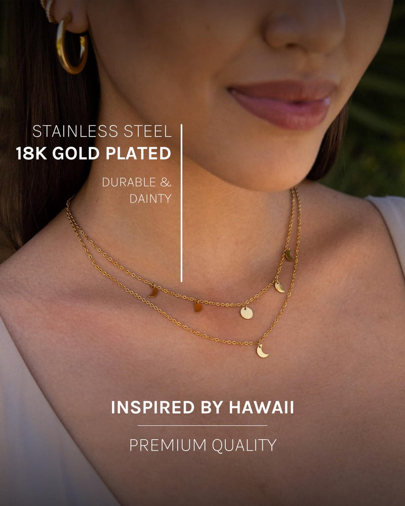 PureleiÂ® Luna Necklace (gold) â€“ 18K Gold plated stainless steel jewelry â€“ Waterproof double chain with moon pendant â€“ 14 to 16 inch adjustable length â€“ Fashion jewelry for your individual look - Image 3